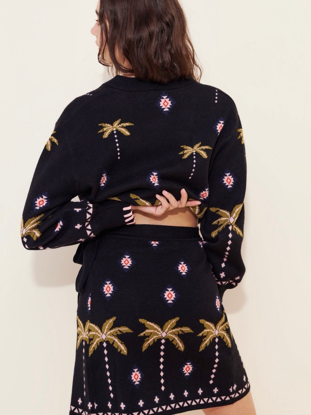Never Fully Dressed- Black Palm-Print Wrap A-Line Skirt - Picture 2 of 3